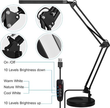 SKYLEO Dimmable Desk Lamp with Clip - Eye Protection LED Task Lamp - 3 Modes & 10 Brightness Levels - Black