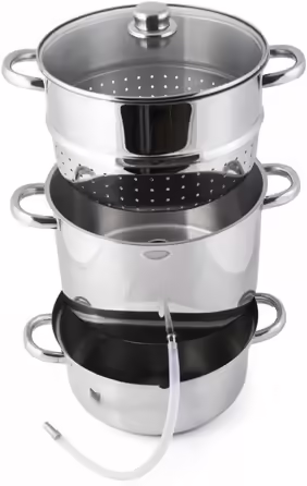 Grafner 8.5 Liter Stainless Steel Steamer/Juicer, diameter Ø26cm, with drain tap and glass lid, induction-compatible, ideal for juice and jelly, fruit pot juicer, fruit press, fruit and vegetable juicer.