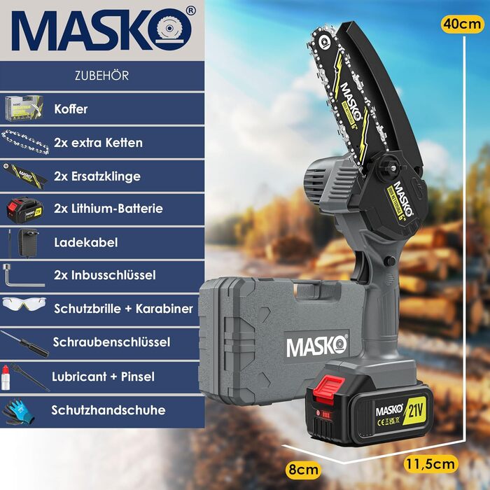 MASKO® Міні акумуляторна бензопила 800W, 6 дюймів, 8000mAh | Електрична пила з автоматичною подачею оливи | Ручна бензопила для обрізки гілок та деревини | У комплекті кейс, 2x акумулятори 4000mAh та 2 запасні ланцюги 6 дюймів, чорний/антрацит