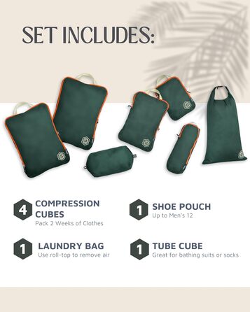 Набір органайзерів для подорожей Trippped Travel Gear: 7 шт., великий розмір, компресійні, для одягу (зелений/помаранчевий)