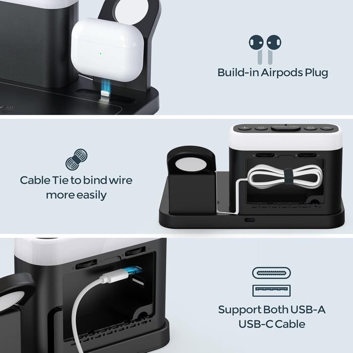 Зарядна станція 5 в 1 з будильником, нічниками та бездротовим зарядним пристроєм для iPhone, Apple Watch, AirPods та Samsung