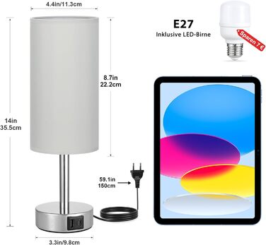 Нічна лампа приліжкова сенсорна з димером, USB зарядка (Type A+C), тканинний абажур (льон), для спальні, вітальні, дитячої, офісу (з лампочкою) - сіро-срібляста