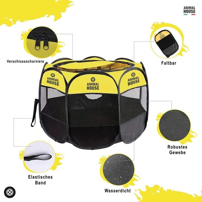 Складаний водовідштовхуючий загін для цуценят, собак, котів та кроликів Animal House: універсальний та портативний, для дому, 74 x 74 x 43 (Жовтий, маленький)
