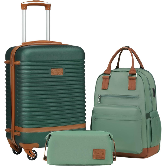 COOLIFE Suitcase Trolley Case Travel Suitcase made of ABS Hard Shell Trolley with 4 Wheels and TSA Lock. The suitcase includes 1 Travel Backpack and 1 Toiletry Bag (White/Brown, Large 3-Piece Suitcase Set) (Carry-on 3-Piece Set, Dark Green/Brown)