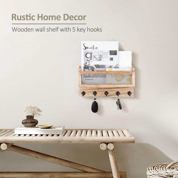 Brief and key holder for wall decoration, 27.9 cm (11 inches) wooden wall key organizer with 5 key hooks, wall mount, storage shelf for entryway, hallway (white) (wood)