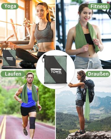 Набір з 3 рушників з мікрофібри, 180x80 см + 2 рушники 80x40 см, для фітнесу, сауни, пляжу, подорожей, темно-зелений