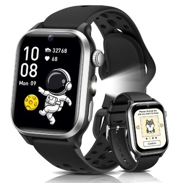 Смарт-годинник RUXINGX для дітей, 1.52″, крокомір, водонепроникний (IP68), з 170+ спортивними режимами, моніторингом серцевого ритму, сном, аудіокнигами, 20 карток для навчання, будильником, чорний