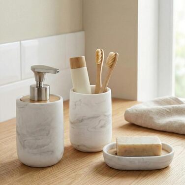 Набір для ванної кімнати 4 предмети з піддоном - мильничка, дозатор для мила (цинковий сплав), стакан для зубних щіток, поличка - мармуровий дизайн, бамбук - сучасний органайзер (Набір 3 Marble)