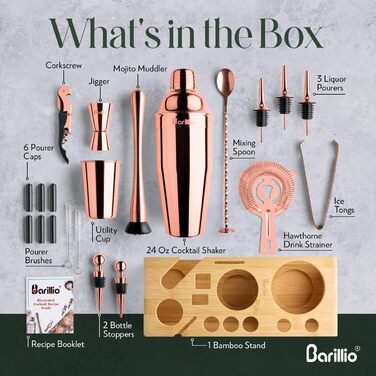 Набір шейкерів Barillio Elite для коктейлів, 23 шт., нержавіюча сталь, бамбуковий підставник, чорний, з рецептами