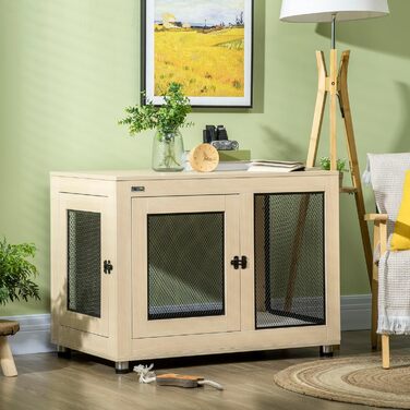 Клітка для собак PawHut з 2 дверцятами, знімний матрац, сучасна сталева собача будка для дому, підходить для великих собак до 30 кг, розмір 94x60x71,5 см, білий (дуб)