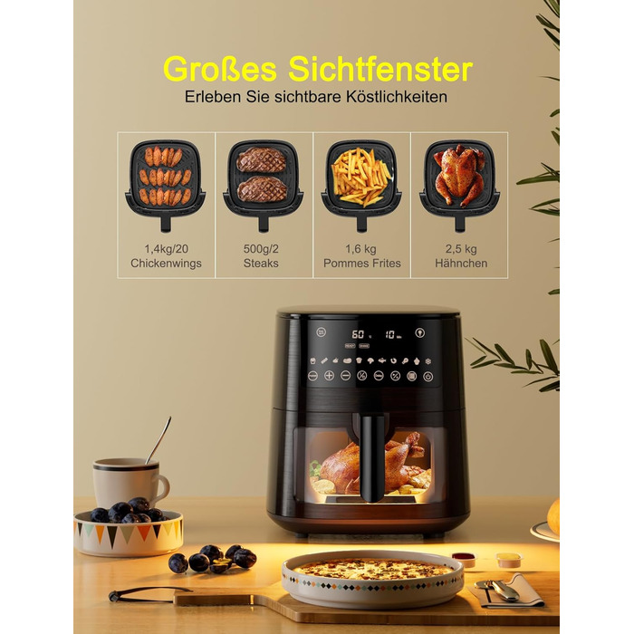 Фритюрниця повітряна Airfryer 7.2L, 11-в-1 з вікном, функція підігріву, розморожування, нагадування про струшування та таймер, здорова без олії, приготування з низьким вмістом жиру