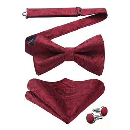HISDERN Комплект краватка-метелик з кишеньковим хустиком та запонками, з гачком, регульована, вже зав'язана, для весілля, свят, Різдва, Хелловіна, бордовий A1