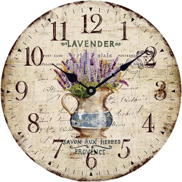 YOAI Wall Clock Kitchen Clock Vintage Shabby CHIC Antique Nostalgia Rustic MDF Quartz Clock with Silent Movement, 12 inch/30CM Ø (Lavender in Pot)