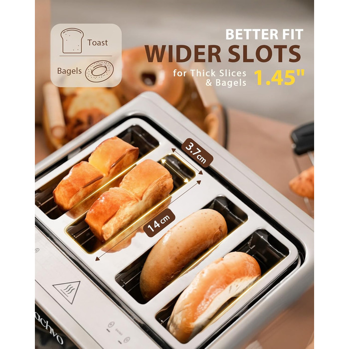 Тостер на 4 шматочки з сенсорним екраном та таймером – нержавіюча сталь, довгі слоти, 2 незалежні зони температури, підставка для бургерів та сендвічів, 6 програм, срібний колір
