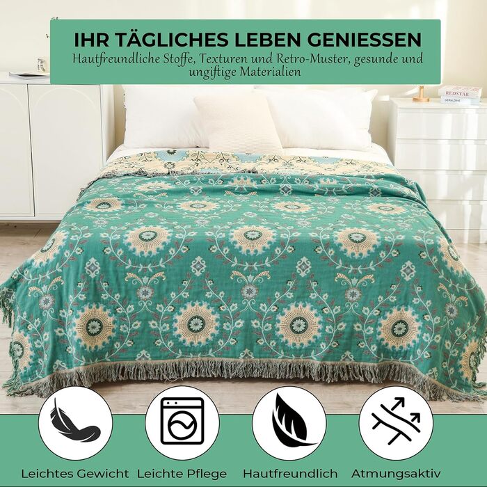 HOORDRY Reversible Boho Daybed Cover with Tassels, 230x250CM, 100% Cotton Woven Throw Blanket, Couch Throw, Living Room Throw, Reversible Throw, Cozy Blanket, Sofa Blanket, Armchair Blanket with Pattern, Sunflowers, Green/Beige Sunflower 230×250CM