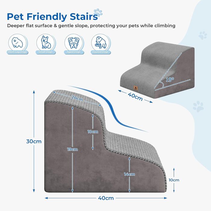 Сходинка для собак, 2 сходинки, 30 см, для маленьких собак та котів, миється, неслизька, сіра