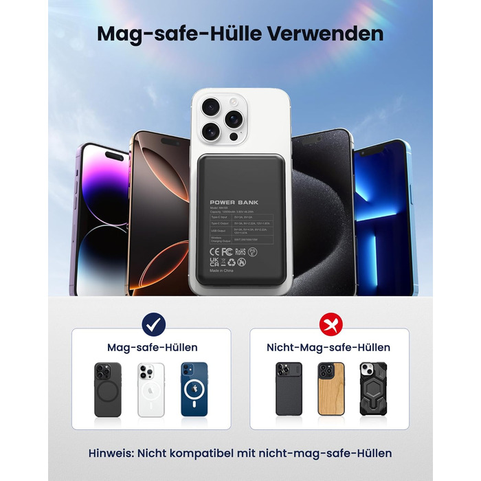 Power Bank 12000mAh з MagSafe, Магнітний Пауербанк Швидка Зарядка QC4.0 22,5W PD20W USB-C, Бездротовий Акумулятор для iPhone 16/15/14/13/12, Чорний