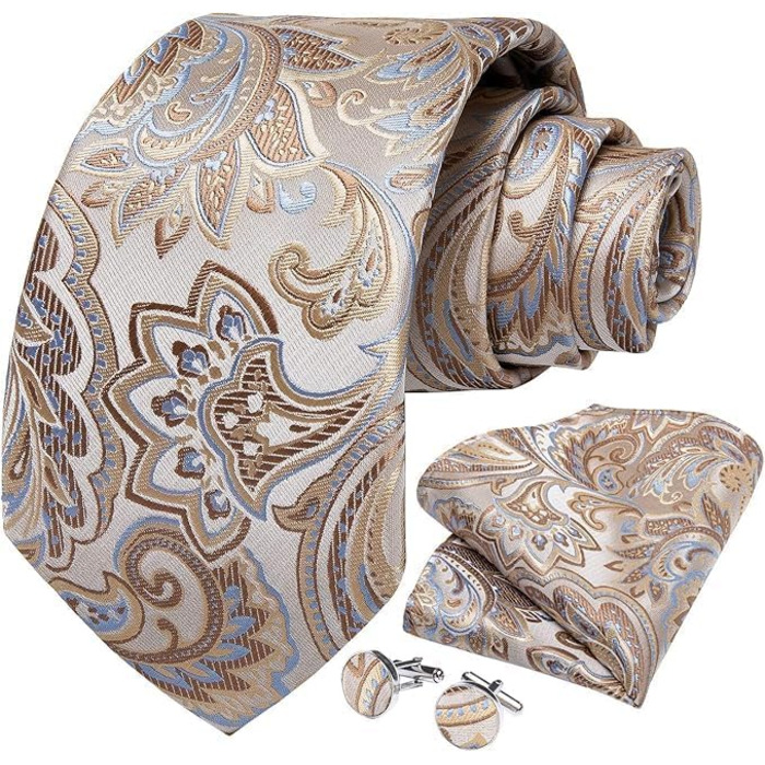 Дибанггу Шовкова краватка з візерунком пейслі, нагрудна хустинка, затискач для краватки, манжетні кнопки для весілля та балу (світло-коричнева)