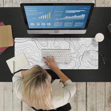 Ovenbird Велике ігрове килимок для миші з прошитими краями, топографічні карти, XL килимок з неслизькою основою, стильний підкладка під клавіатуру та мишу, 80 x 30 см, білий