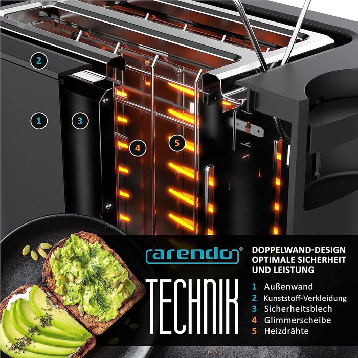 Тостер Arendo на 2 скибки, нержавіюча сталь, 800 Вт, LCD-дисплей, 6 режимів, підставка для булочок, чорний