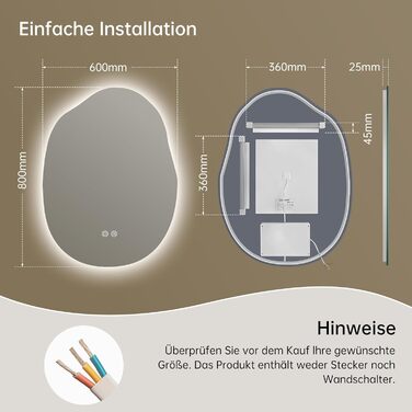 Дзеркало для ванної кімнати з підсвічуванням, арочне, без рами, 50x75 см. Антизапарник, сенсорне управління, регулювання яскравості, 3 кольори світла