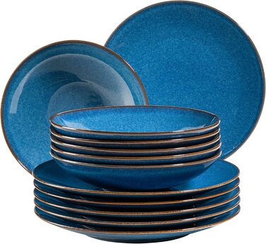 MÄSER 931946 Ossia Dinnerware Set for 6 People in Mediterranean Vintage Style, 12-Piece Modern Tableware Set with Soup Bowls and Dinner Plates, Royal Blue, Stoneware