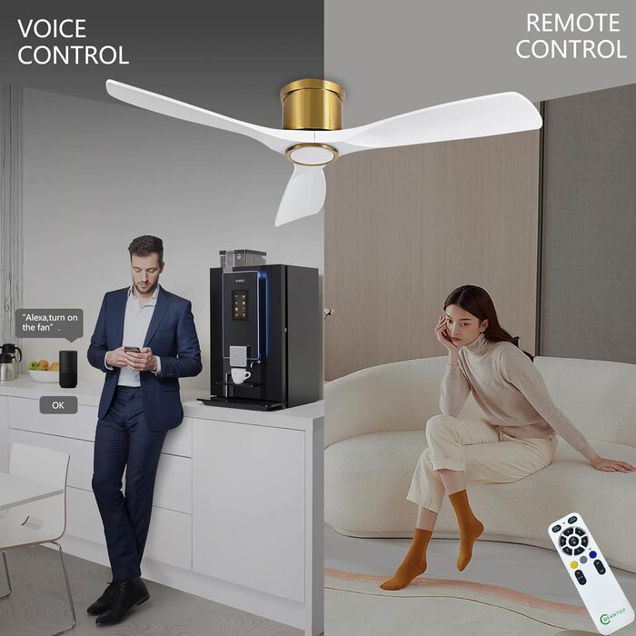 Сучасний стельовий вентилятор 132 см з підсвічуванням та пультом керування, тихий DC-двигун, сумісний з Alexa/Google Home, білий/золотий