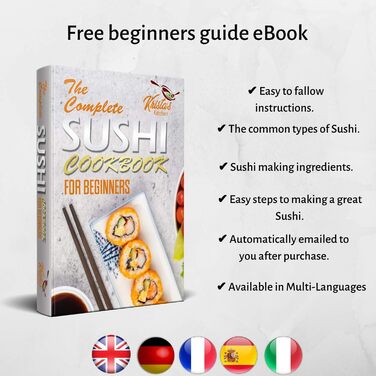 Набір для приготування суші 11 шт. - бамбуковий набір для суші: килимок, сервірувальний комплект для початківців, 2 килимки, 5 пар паличок для їжі з сумкою, ложка для рису, роздільник, сервірувальний піднос, тройна соусниця, Ebook