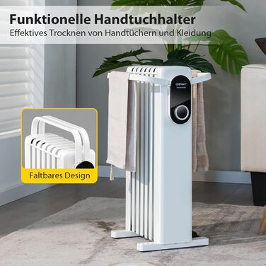 Масляний радіатор COSTWAY 1500W з 7 ребрами, 5-35°C, 3 режими нагріву, мобільний, з захистом від перегріву, білий