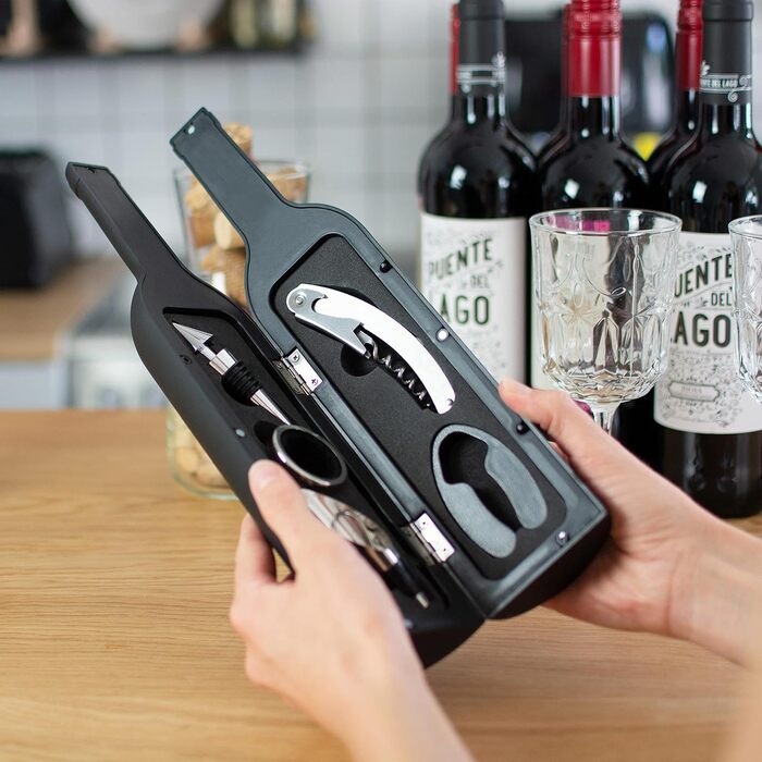 Набір для відкривання вин 5 предметів - дизайн винних пляшок, чорний колір - аксесуари для вина з різаком для фольги, штопор, виливає, кільце від бризок, нержавіючі кришки