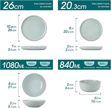Набір мисок vancasso ANYA (48 шт.) з кераміки, 16.1 см, 840 мл, для мюслі, стійкі до подряпин, підходить для мікрохвильової печі та посудомийної машини (м'ятний колір)