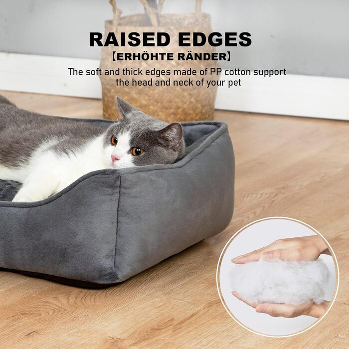 Dog Bed for Small and Medium Dogs 65x55x18cm, Washable Dog Cushions, Removable Cover, Dog Sofa Dog Basket with Raised Edges, Fluffy Cat Bed Dog Bed with Nubs, Dark Grey