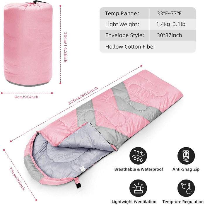 Zusentee 3-4 Season Sleeping Bag - Waterproof, Lightweight & Warm for Adults & Kids Camping, Hiking & Travel (Pink/Gray)