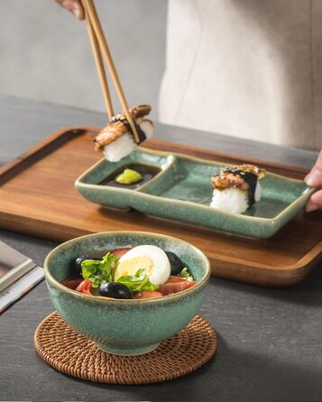 Набір посуду для суші HENXFEN: 2 тарілки, ложки, миски, зелений блиск