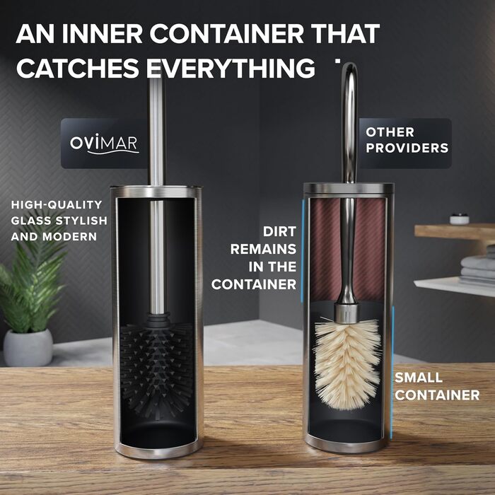 Набір для чищення унітазу Ingoy | Силіконова щітка для унітазу | Чорний | з нержавіючої сталі з кришкою | для ванної та гостьового WC | знімний насадкою | Сріблястий дизайн