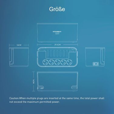 Многорозеткова смуга з кабельною коробкою, захист від перенапруги, 5 розеток, 3 USB, органайзер для столу, 29.5 x 14 x 14 см, кабель 2 м (5 м, чорний)