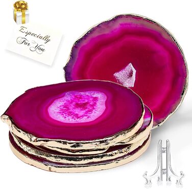 Yougoals Coasters, Geode Coasters for Drinks, Gemstone, Natural Stone, Agate Slices, Coasters, Cup Mat for Home Decoration (4 Pieces) (Pink)