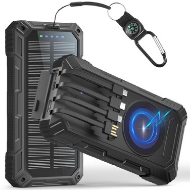 Портативний зарядний акумулятор Power Bank 56800mAh з сонячною панеллю, USB-C, бездротова зарядка, 6 виходів, 3 входи, LED ліхтарик, компас, чорно-зелений (чорний)