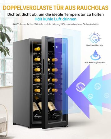 WIE 33L 1-Zone Wine Cooler Fridge - Compact Wine Refrigerator with Glass Door, LED Touch Panel, Anti-UV Protection (18 Bottles)