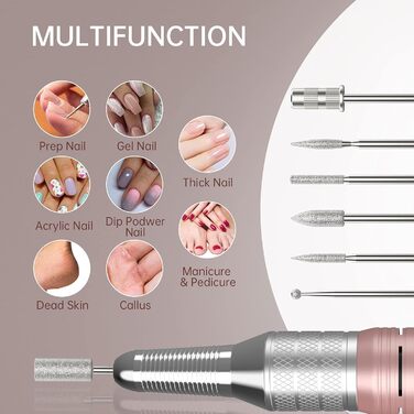 Електрична шліфувальна машинка для нігтів Kredioo з LED-дисплеєм, 35000 об/хв, для гелю та акрилу, 6 насадок, для професійного та домашнього використання, Champagner Gold