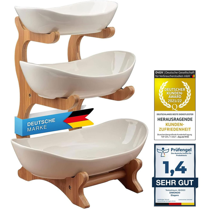 Dimono® Етажерка для сервірування: 3-ярусна етажерка для подачі їжі з керамічних мисок та бамбукового підставки. Ідеально для десертів, фруктів, овочів та солодощів.