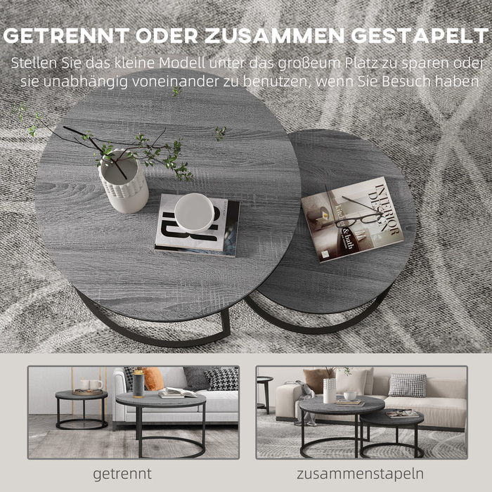 HOMCOM Round Coffee Table 2-Piece Set Stackable Side Table with Metal Frame, Living Room Table with Wood-Look Finish, Coffee Table for Living Room Bedroom Black | Aosom