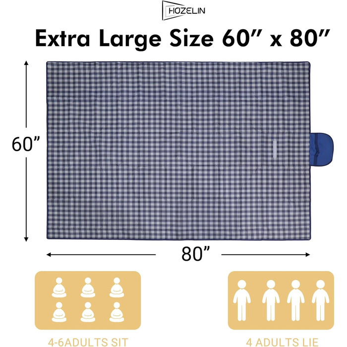 Килимок для пікніка Hozelin, водовідштовхуючий, складний, великий, пісконепроникний, 152.4 x 203.2 см (блакитний/білий)