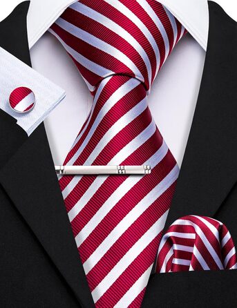 Набір краваток Barry.Wang: шовкові краватки з квітковим візерунком Paisley, нагрудна хустинка, краваткові затискачі та манжетні кнопки. Червоно-білий смуговий дизайн для святкових та весільних подій