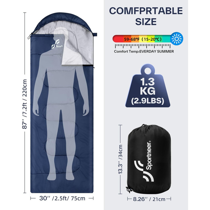 Сплячий мішок 3-4 сезони - ковдровий спальний мішок Легкий для кемпінгу, Outdoor. Ідеальний для дорослих та дітей 220x75см, темно-синій