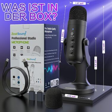 USB мікрофон Zealsound: конденсаторний мікрофон для ПК, телефону, PS4, PS5. Ідеально для геймінгу, подкастів, запису звуку, стрімінгу та ASMR. З регулюванням гучності та ефектом ехо. Сумісний з Mac, Windows. Чорний колір.