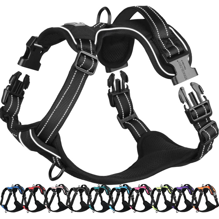 Шлейка для собак VIVAGLORY Easefit, анти-тяга, з ручкою, для тренувань та прогулянок, з м'якою підкладкою, не тягне, захист від вислизання, чорна, M (51-74 см обхват грудної клітки)