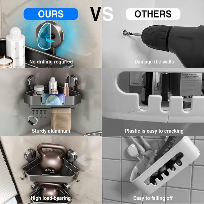 Поличка для душу без свердління, кутова поличка з присосками, органайзер для ванної кімнати, корзина для душу з тримачем для рушників та знімними гачками, сіра (1 шт.)
