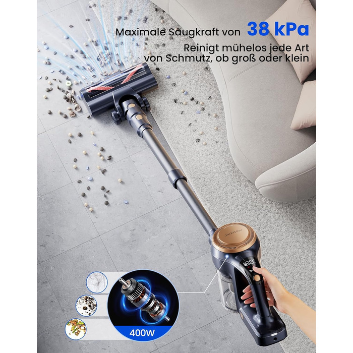 Proscenic P11 Lite 38kPa/400W Cordless Vacuum Cleaner - Lightweight, 40-Minute Replaceable Battery, LED Display, Pet-Friendly, Suitable for Carpets/Hard Floors, Black-Gold