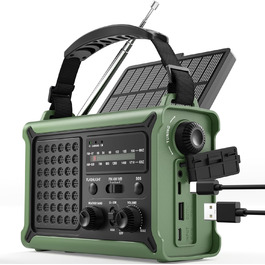 ROCAM Радіо з ручним генератором та сонячною панеллю, 12000mAh, AM/FM, LED ліхтарик, USB, SOS, для кемпінгу та надзвичайних ситуацій, зелене